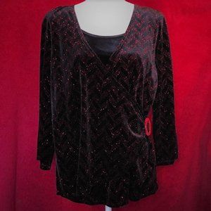Notations Black Velvet Layered Wrap Top with Red Sparkle Diamond Pattern
